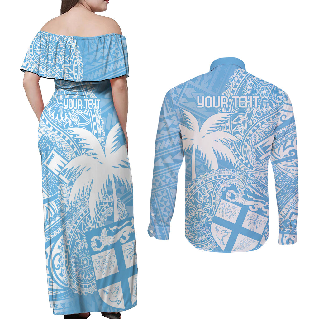 Custom Indo Fijians Couples Matching Off Shoulder Maxi Dress and Long Sleeve Button Shirt Fiji ke Hindustani Polyneisan Paisley Blue Style LT9 - Wonder Print Shop