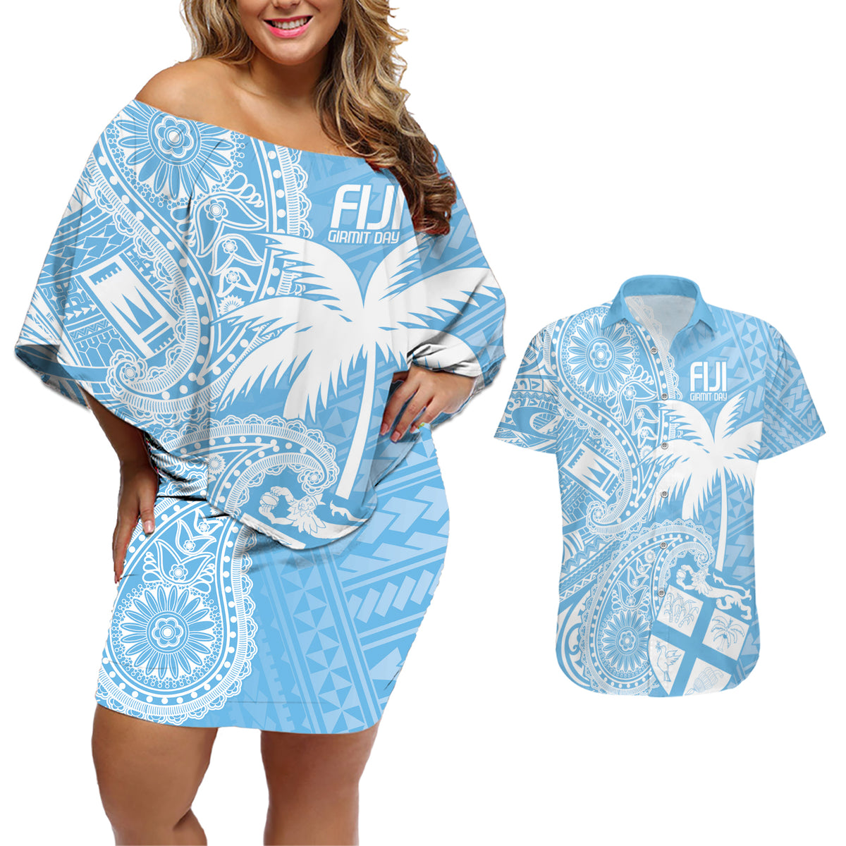 Custom Indo Fijians Couples Matching Off Shoulder Short Dress and Hawaiian Shirt Fiji ke Hindustani Polyneisan Paisley Blue Style LT9 - Wonder Print Shop