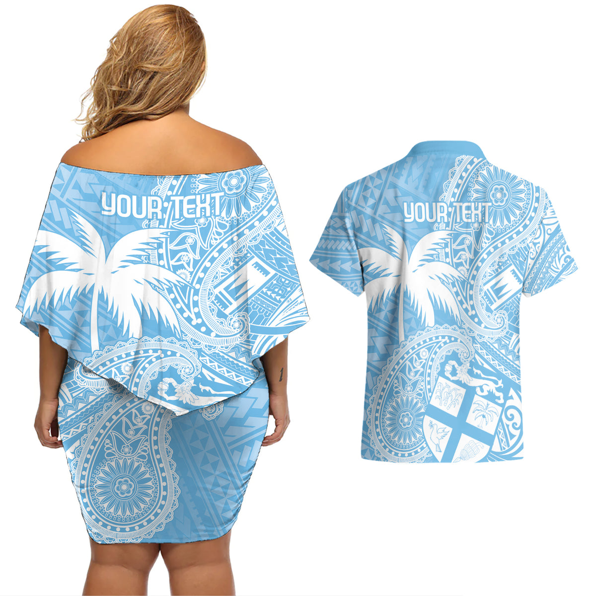 Custom Indo Fijians Couples Matching Off Shoulder Short Dress and Hawaiian Shirt Fiji ke Hindustani Polyneisan Paisley Blue Style LT9 - Wonder Print Shop