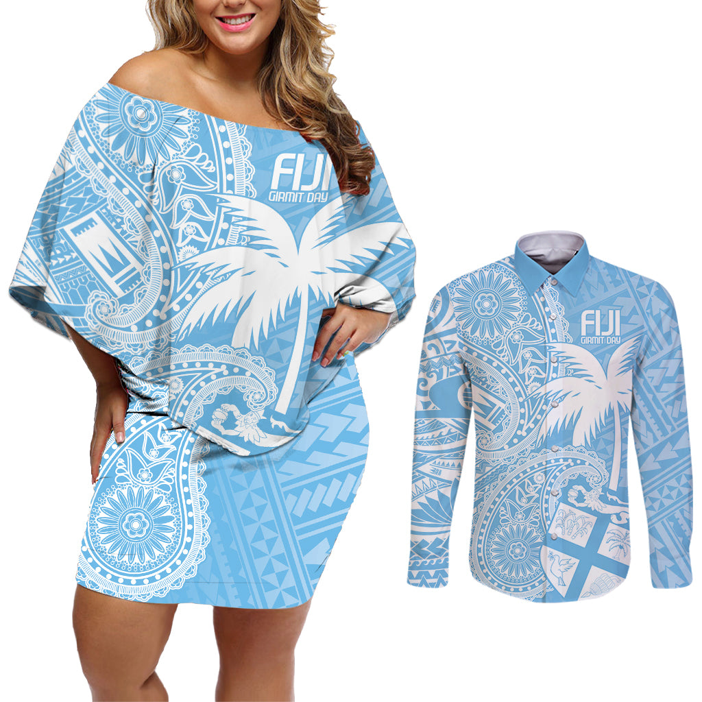 Custom Indo Fijians Couples Matching Off Shoulder Short Dress and Long Sleeve Button Shirt Fiji ke Hindustani Polyneisan Paisley Blue Style LT9 - Wonder Print Shop