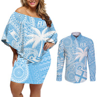 Custom Indo Fijians Couples Matching Off Shoulder Short Dress and Long Sleeve Button Shirt Fiji ke Hindustani Polyneisan Paisley Blue Style LT9 - Wonder Print Shop