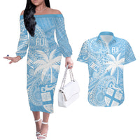 Custom Indo Fijians Couples Matching Off The Shoulder Long Sleeve Dress and Hawaiian Shirt Fiji ke Hindustani Polyneisan Paisley Blue Style LT9 - Wonder Print Shop
