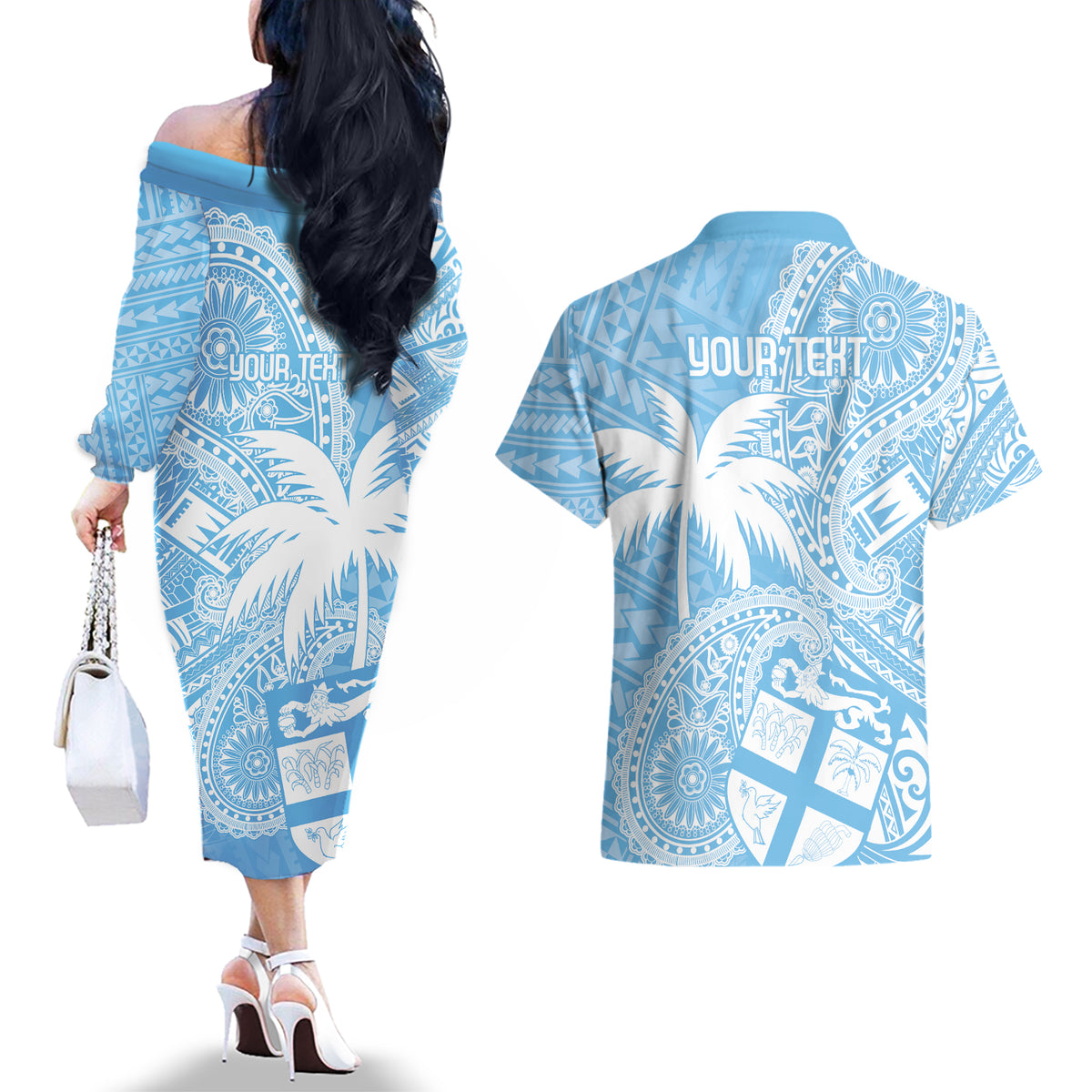 Custom Indo Fijians Couples Matching Off The Shoulder Long Sleeve Dress and Hawaiian Shirt Fiji ke Hindustani Polyneisan Paisley Blue Style LT9 - Wonder Print Shop