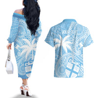Custom Indo Fijians Couples Matching Off The Shoulder Long Sleeve Dress and Hawaiian Shirt Fiji ke Hindustani Polyneisan Paisley Blue Style LT9 - Wonder Print Shop