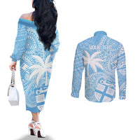 Custom Indo Fijians Couples Matching Off The Shoulder Long Sleeve Dress and Long Sleeve Button Shirt Fiji ke Hindustani Polyneisan Paisley Blue Style