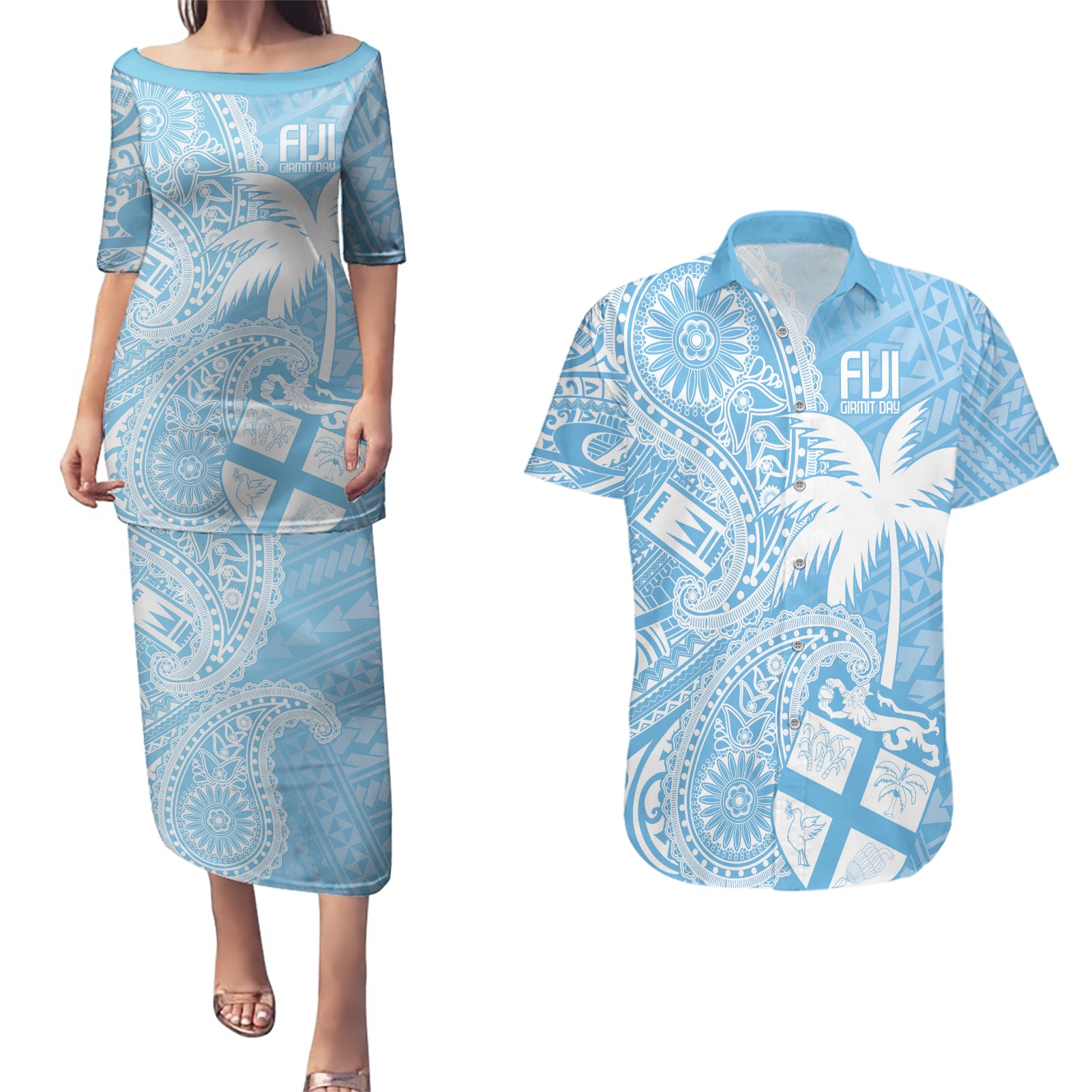 Custom Indo Fijians Couples Matching Puletasi and Hawaiian Shirt Fiji ke Hindustani Polyneisan Paisley Blue Style LT9 - Wonder Print Shop