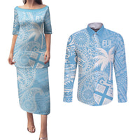Custom Indo Fijians Couples Matching Puletasi and Long Sleeve Button Shirt Fiji ke Hindustani Polyneisan Paisley Blue Style LT9 - Wonder Print Shop