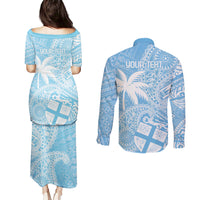 Custom Indo Fijians Couples Matching Puletasi and Long Sleeve Button Shirt Fiji ke Hindustani Polyneisan Paisley Blue Style LT9 - Wonder Print Shop
