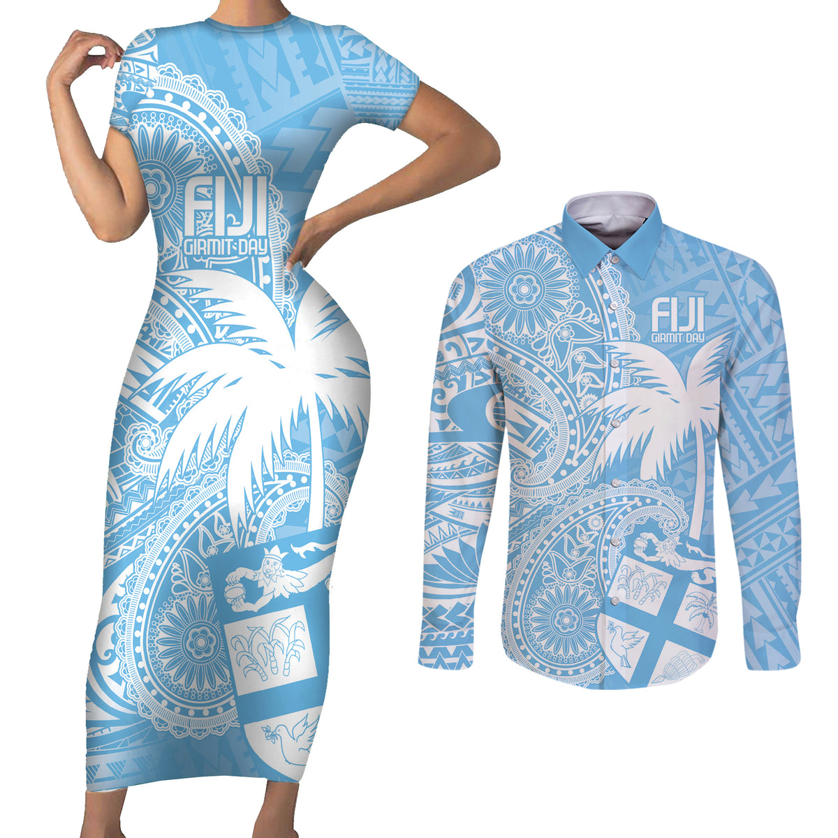 Custom Indo Fijians Couples Matching Short Sleeve Bodycon Dress and Long Sleeve Button Shirt Fiji ke Hindustani Polyneisan Paisley Blue Style LT9 - Wonder Print Shop