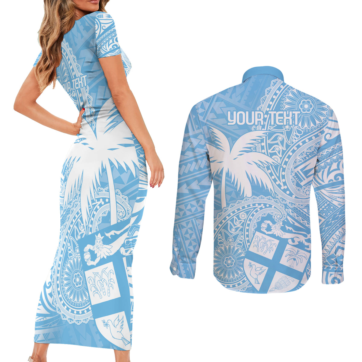Custom Indo Fijians Couples Matching Short Sleeve Bodycon Dress and Long Sleeve Button Shirt Fiji ke Hindustani Polyneisan Paisley Blue Style LT9 - Wonder Print Shop