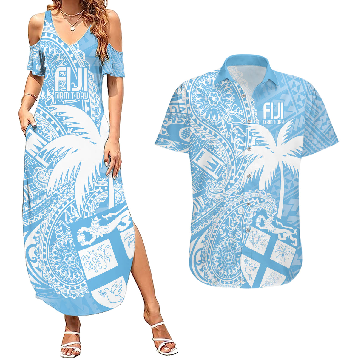 Custom Indo Fijians Couples Matching Summer Maxi Dress and Hawaiian Shirt Fiji ke Hindustani Polyneisan Paisley Blue Style LT9 - Wonder Print Shop