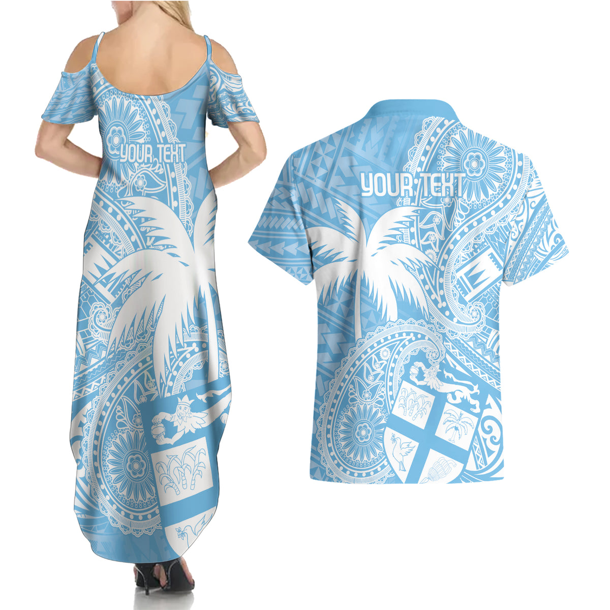 Custom Indo Fijians Couples Matching Summer Maxi Dress and Hawaiian Shirt Fiji ke Hindustani Polyneisan Paisley Blue Style LT9 - Wonder Print Shop