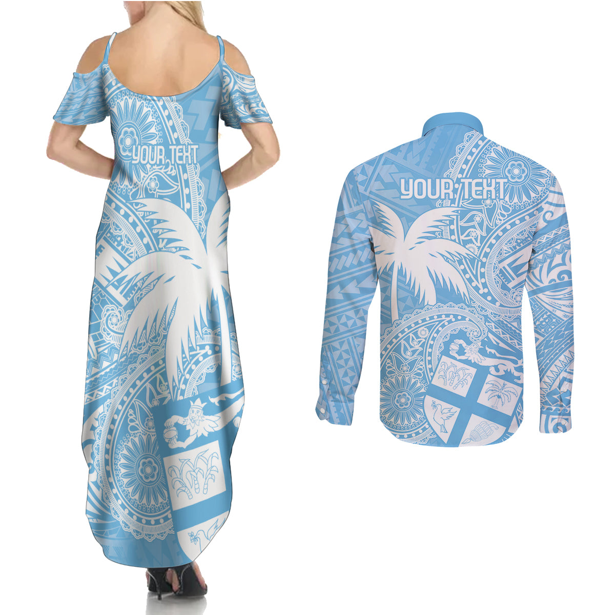 Custom Indo Fijians Couples Matching Summer Maxi Dress and Long Sleeve Button Shirt Fiji ke Hindustani Polyneisan Paisley Blue Style LT9 - Wonder Print Shop