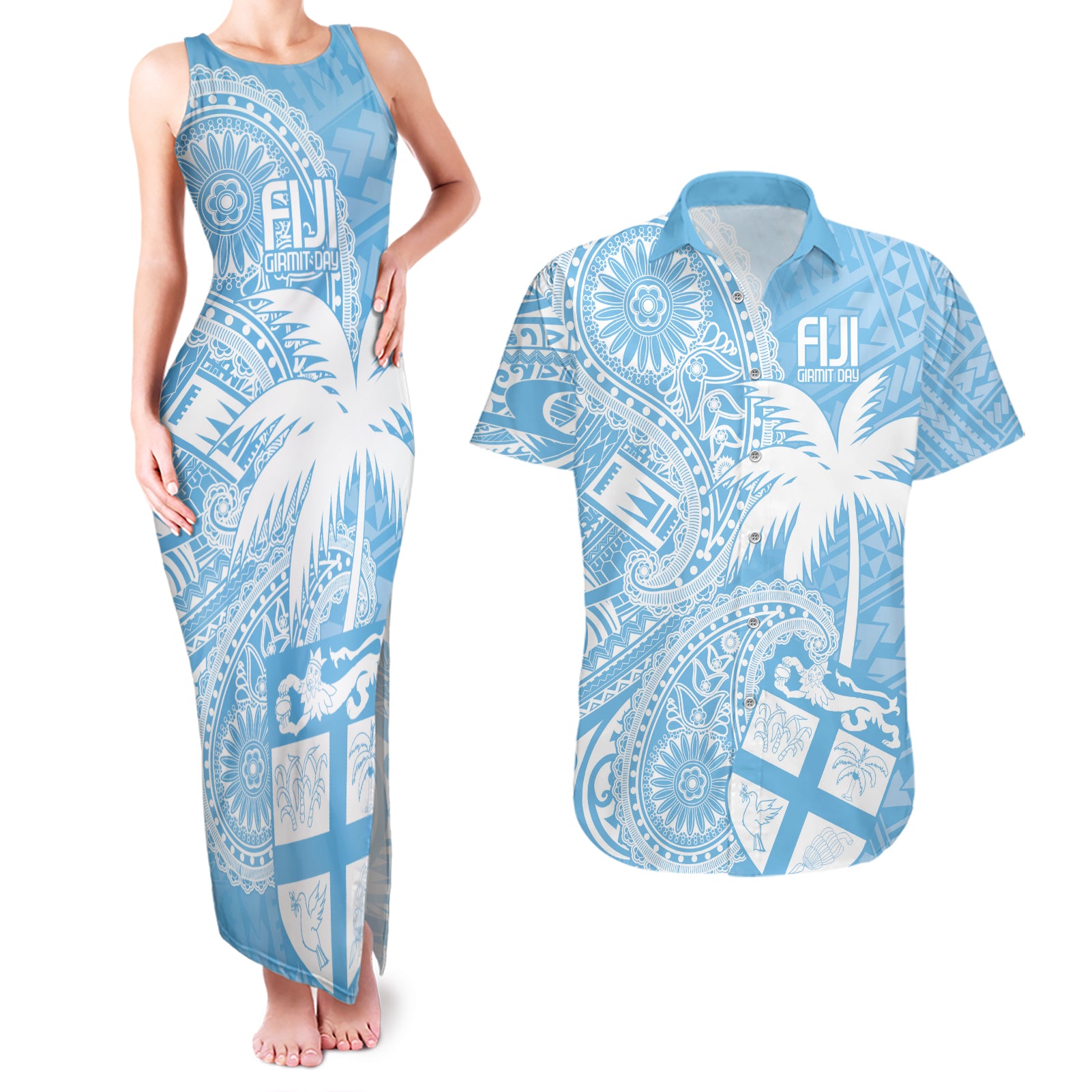 Custom Indo Fijians Couples Matching Tank Maxi Dress and Hawaiian Shirt Fiji ke Hindustani Polyneisan Paisley Blue Style LT9 - Wonder Print Shop