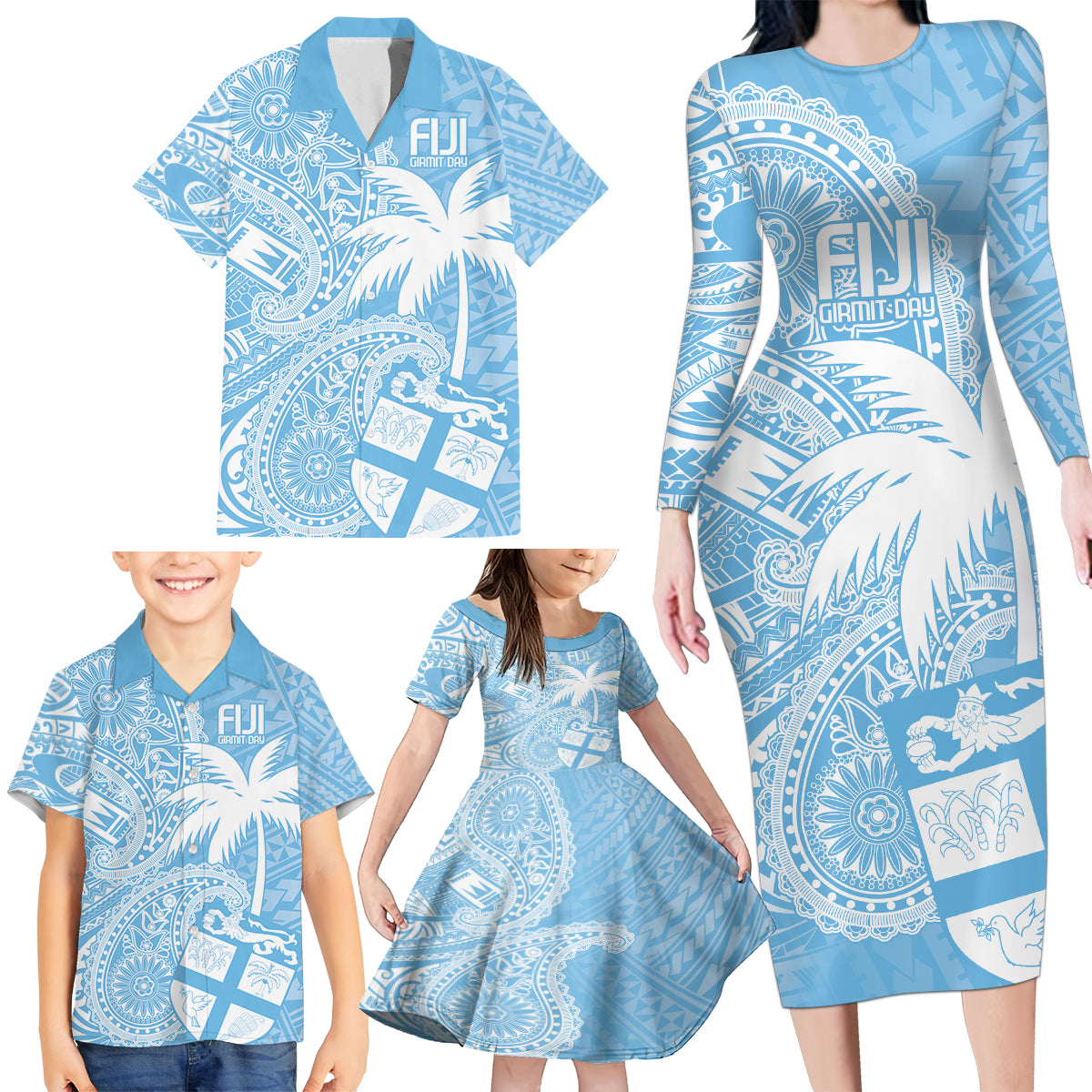 Custom Indo Fijians Family Matching Long Sleeve Bodycon Dress and Hawaiian Shirt Fiji ke Hindustani Polyneisan Paisley Blue Style LT9 - Wonder Print Shop
