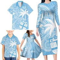Custom Indo Fijians Family Matching Long Sleeve Bodycon Dress and Hawaiian Shirt Fiji ke Hindustani Polyneisan Paisley Blue Style LT9 - Wonder Print Shop