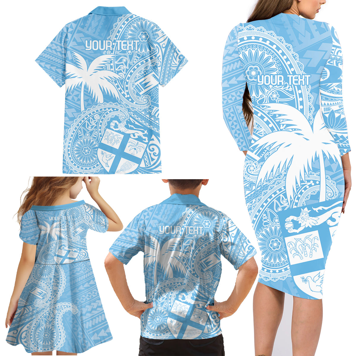 Custom Indo Fijians Family Matching Long Sleeve Bodycon Dress and Hawaiian Shirt Fiji ke Hindustani Polyneisan Paisley Blue Style LT9 - Wonder Print Shop
