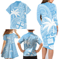 Custom Indo Fijians Family Matching Long Sleeve Bodycon Dress and Hawaiian Shirt Fiji ke Hindustani Polyneisan Paisley Blue Style LT9 - Wonder Print Shop