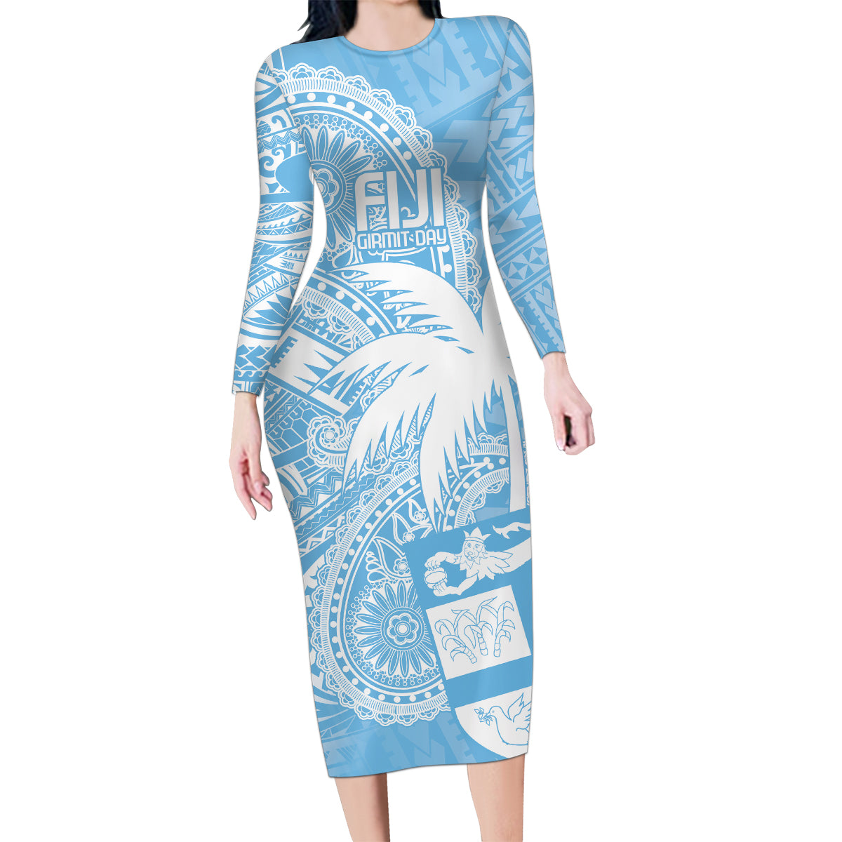 Custom Indo Fijians Family Matching Long Sleeve Bodycon Dress and Hawaiian Shirt Fiji ke Hindustani Polyneisan Paisley Blue Style LT9 - Wonder Print Shop