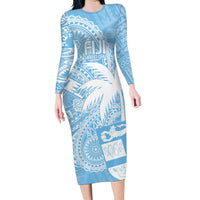 Custom Indo Fijians Family Matching Long Sleeve Bodycon Dress and Hawaiian Shirt Fiji ke Hindustani Polyneisan Paisley Blue Style LT9 - Wonder Print Shop