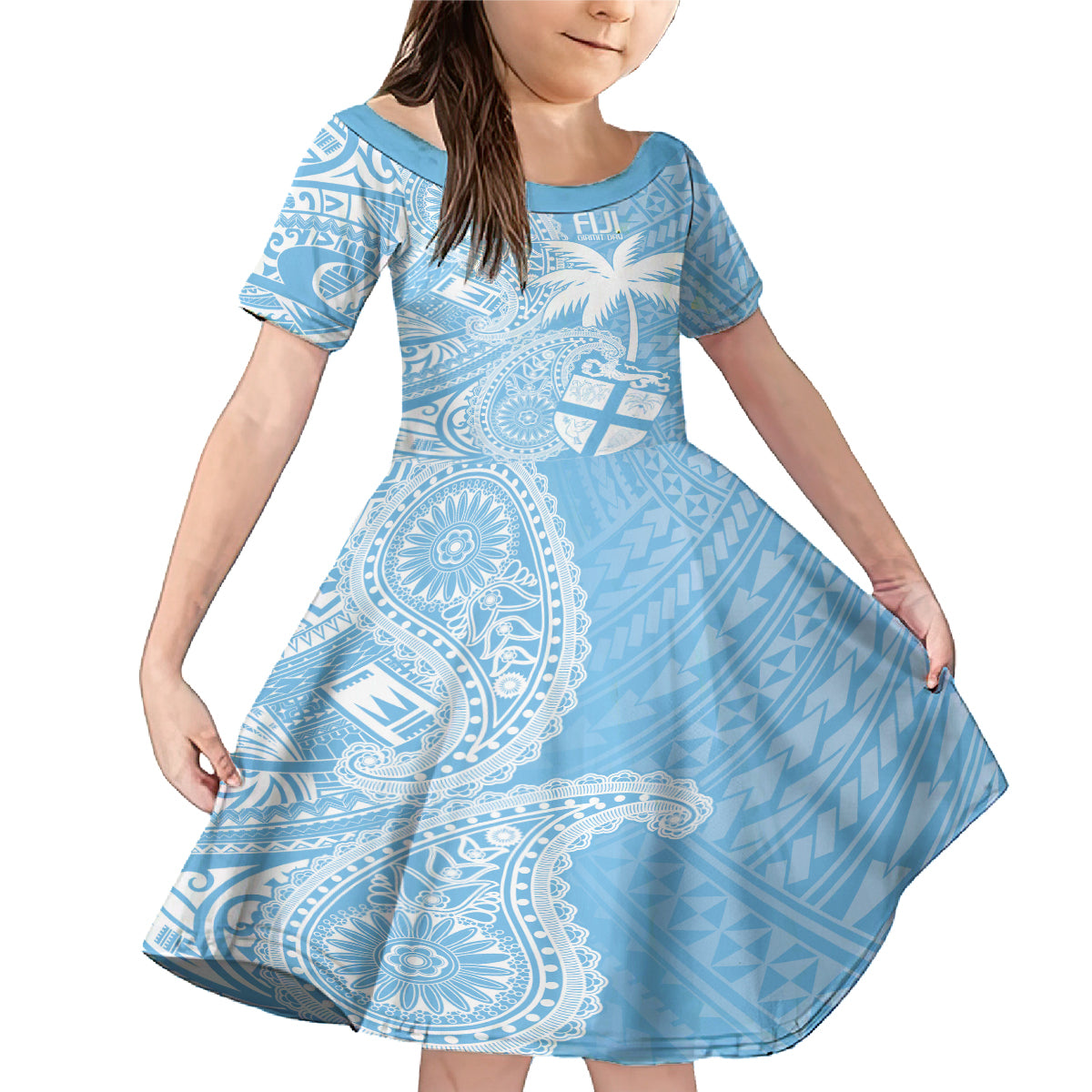 Custom Indo Fijians Family Matching Mermaid Dress and Hawaiian Shirt Fiji ke Hindustani Polyneisan Paisley Blue Style LT9 - Wonder Print Shop