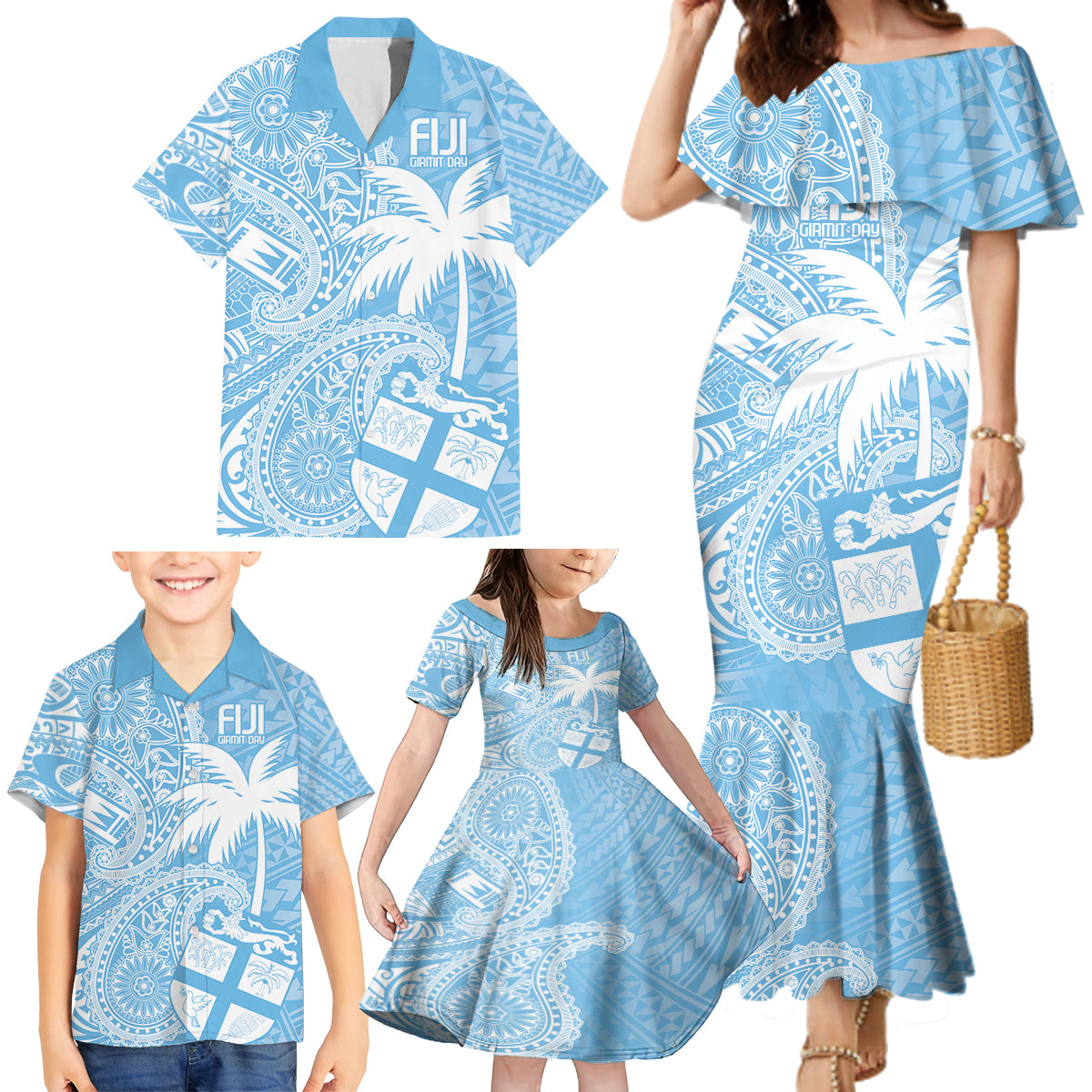 Custom Indo Fijians Family Matching Mermaid Dress and Hawaiian Shirt Fiji ke Hindustani Polyneisan Paisley Blue Style LT9 - Wonder Print Shop