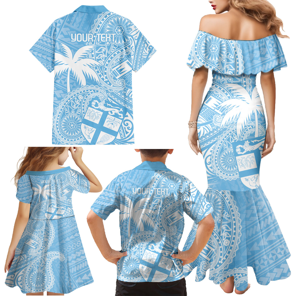 Custom Indo Fijians Family Matching Mermaid Dress and Hawaiian Shirt Fiji ke Hindustani Polyneisan Paisley Blue Style LT9 - Wonder Print Shop