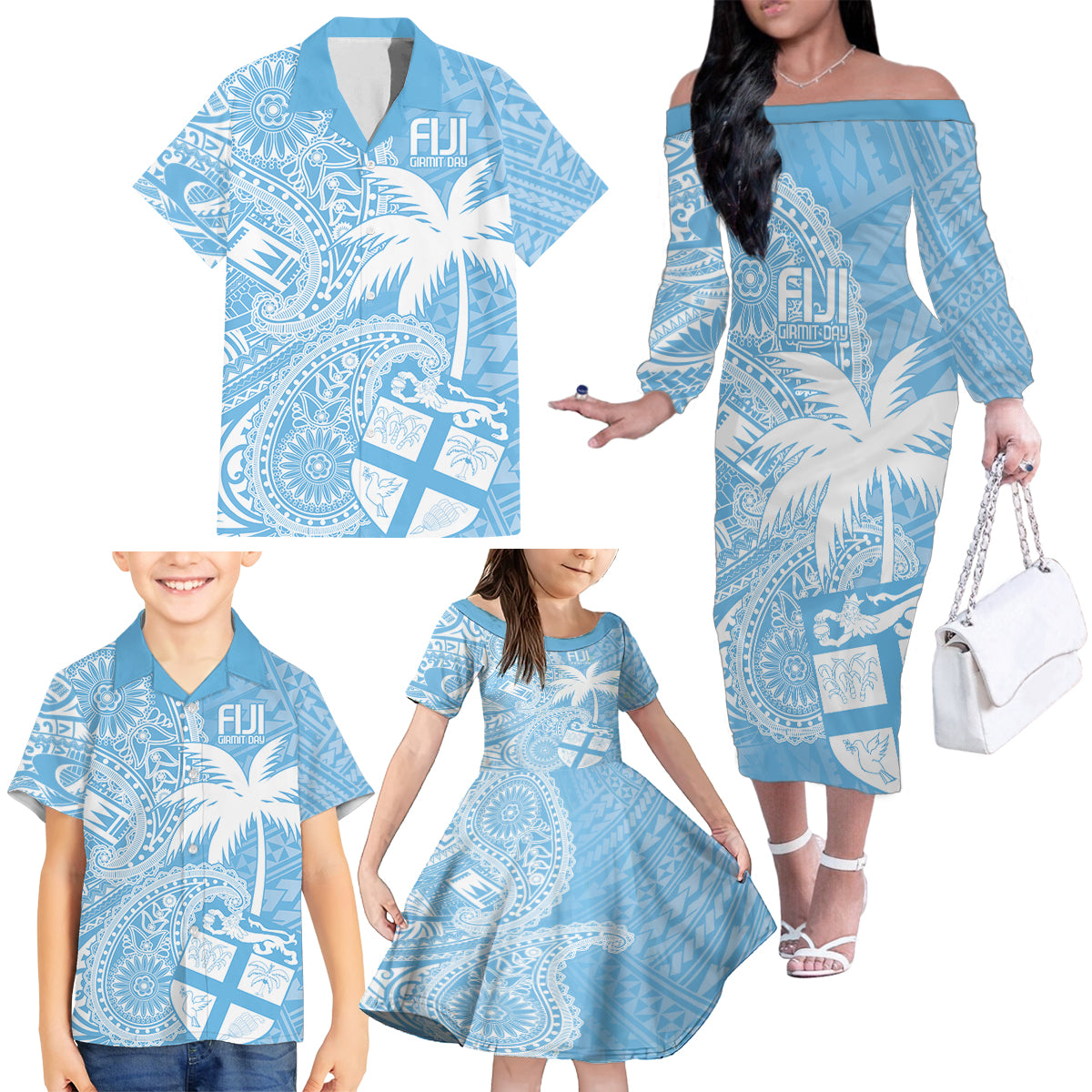 Custom Indo Fijians Family Matching Off The Shoulder Long Sleeve Dress and Hawaiian Shirt Fiji ke Hindustani Polyneisan Paisley Blue Style - Wonder Print Shop