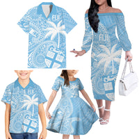Custom Indo Fijians Family Matching Off The Shoulder Long Sleeve Dress and Hawaiian Shirt Fiji ke Hindustani Polyneisan Paisley Blue Style - Wonder Print Shop