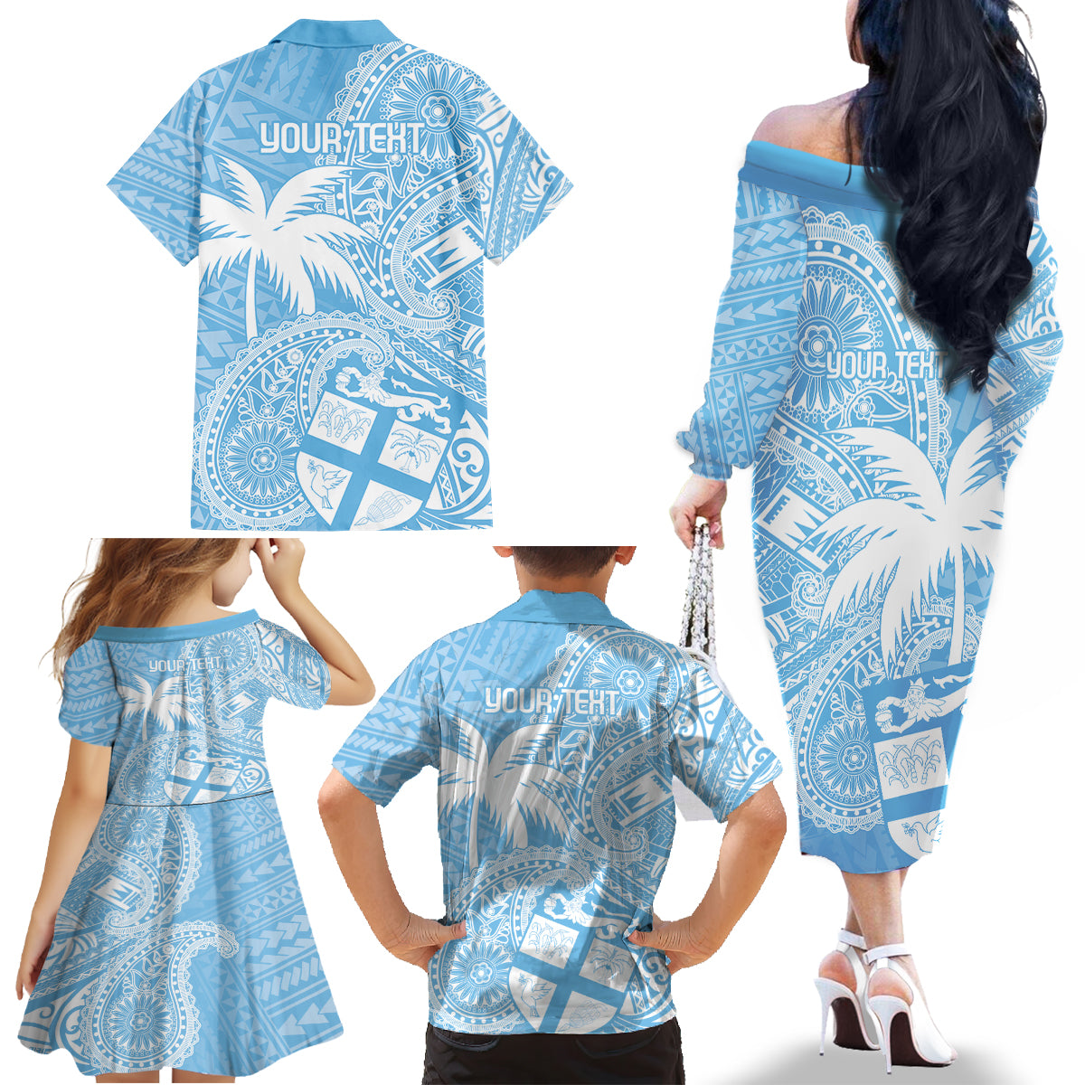 Custom Indo Fijians Family Matching Off The Shoulder Long Sleeve Dress and Hawaiian Shirt Fiji ke Hindustani Polyneisan Paisley Blue Style - Wonder Print Shop