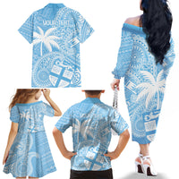 Custom Indo Fijians Family Matching Off The Shoulder Long Sleeve Dress and Hawaiian Shirt Fiji ke Hindustani Polyneisan Paisley Blue Style - Wonder Print Shop