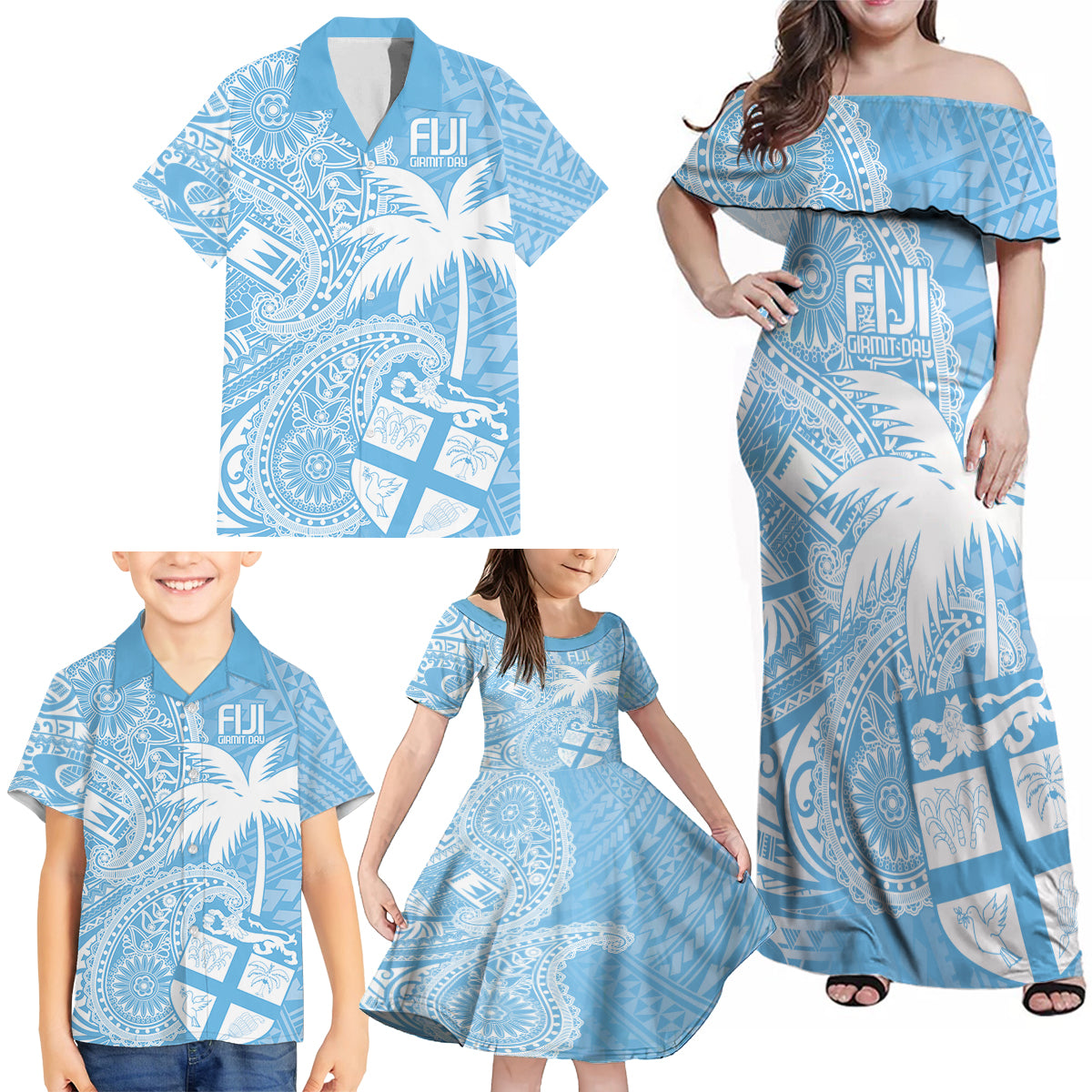 Custom Indo Fijians Family Matching Off Shoulder Maxi Dress and Hawaiian Shirt Fiji ke Hindustani Polyneisan Paisley Blue Style LT9 - Wonder Print Shop