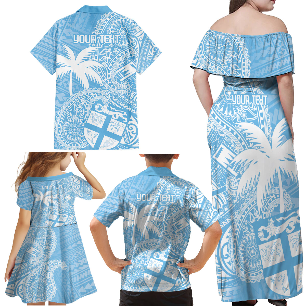 Custom Indo Fijians Family Matching Off Shoulder Maxi Dress and Hawaiian Shirt Fiji ke Hindustani Polyneisan Paisley Blue Style LT9 - Wonder Print Shop