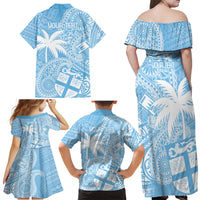 Custom Indo Fijians Family Matching Off Shoulder Maxi Dress and Hawaiian Shirt Fiji ke Hindustani Polyneisan Paisley Blue Style LT9 - Wonder Print Shop