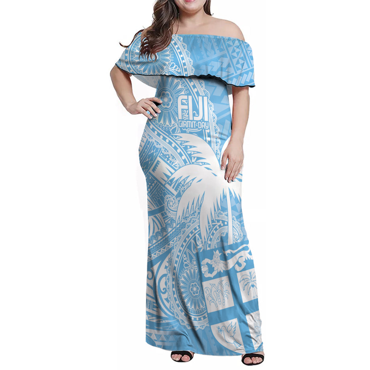 Custom Indo Fijians Family Matching Off Shoulder Maxi Dress and Hawaiian Shirt Fiji ke Hindustani Polyneisan Paisley Blue Style LT9 - Wonder Print Shop