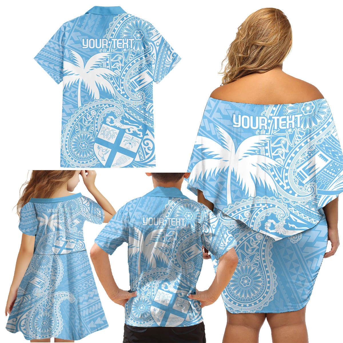 Custom Indo Fijians Family Matching Off Shoulder Short Dress and Hawaiian Shirt Fiji ke Hindustani Polyneisan Paisley Blue Style LT9 - Wonder Print Shop