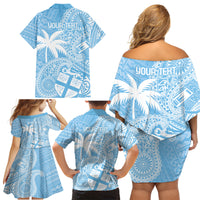 Custom Indo Fijians Family Matching Off Shoulder Short Dress and Hawaiian Shirt Fiji ke Hindustani Polyneisan Paisley Blue Style LT9 - Wonder Print Shop