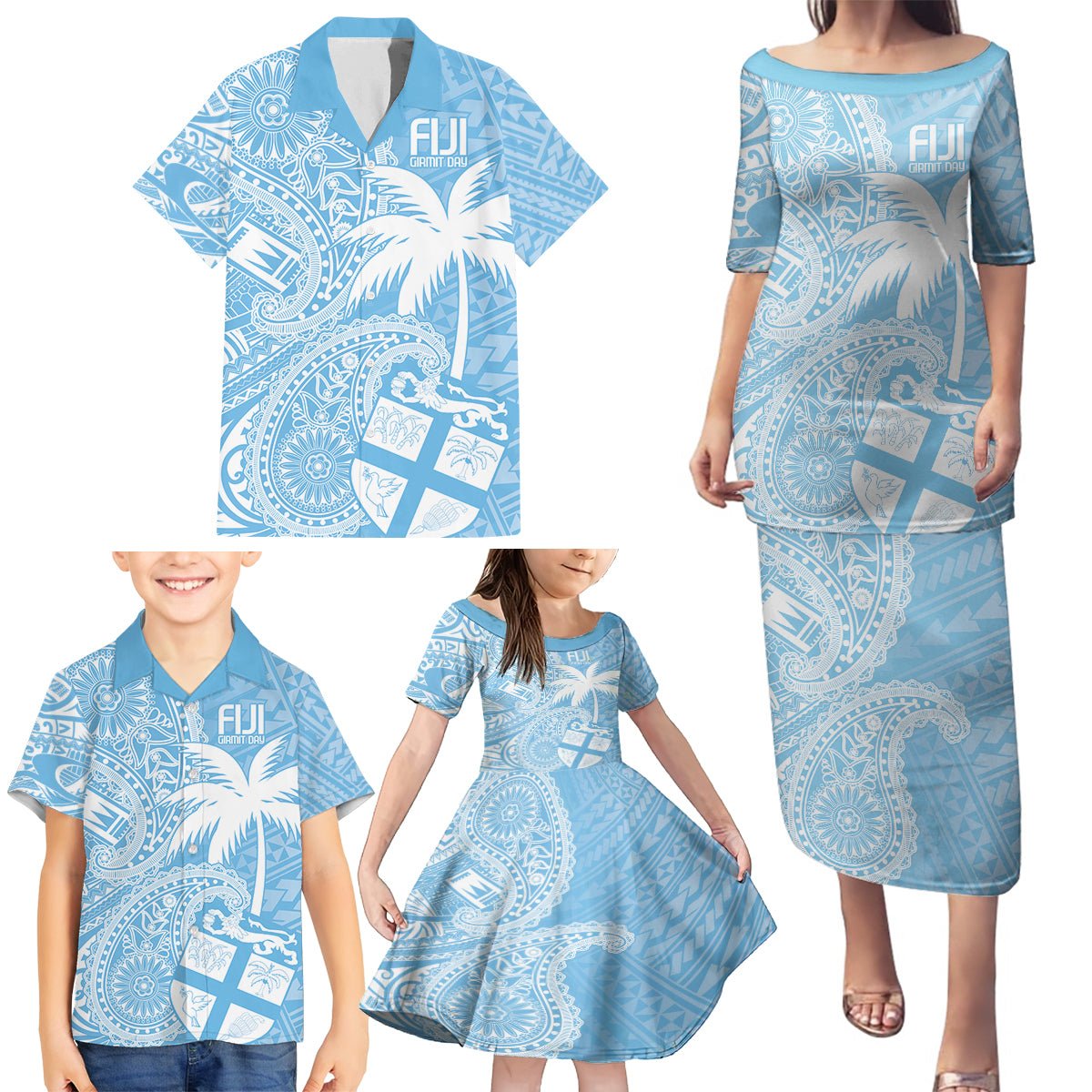 Custom Indo Fijians Family Matching Puletasi and Hawaiian Shirt Fiji ke Hindustani Polyneisan Paisley Blue Style - Wonder Print Shop