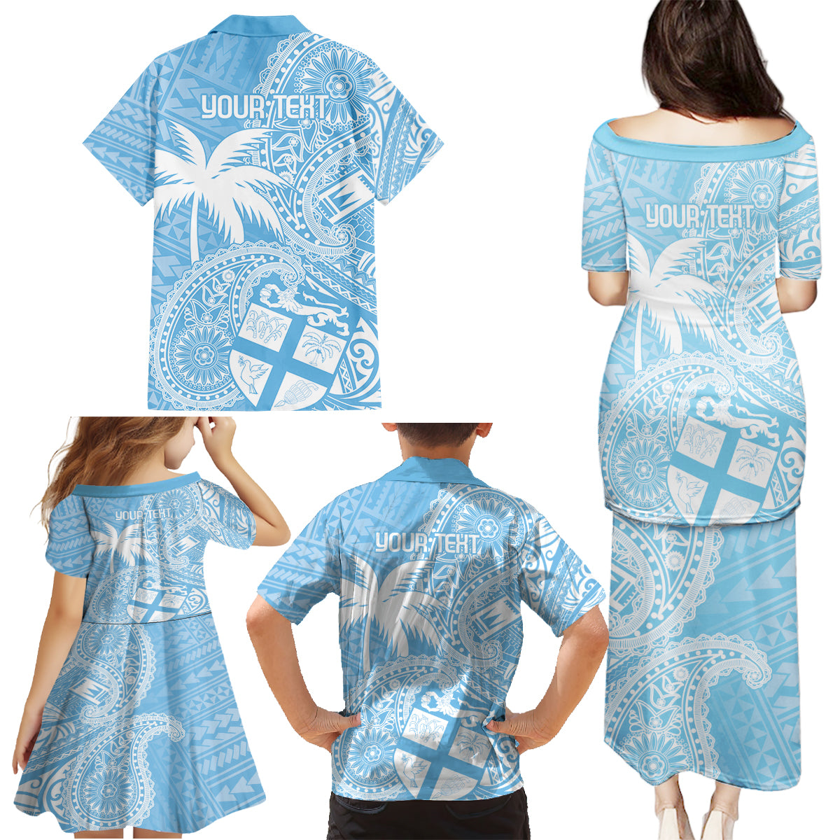Custom Indo Fijians Family Matching Puletasi and Hawaiian Shirt Fiji ke Hindustani Polyneisan Paisley Blue Style - Wonder Print Shop