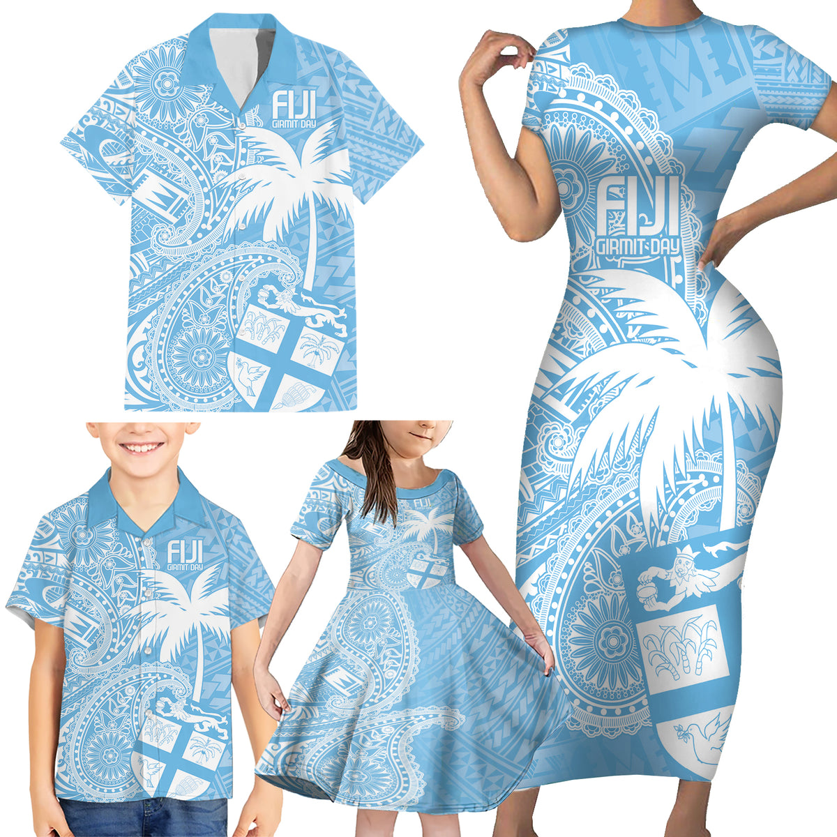 Custom Indo Fijians Family Matching Short Sleeve Bodycon Dress and Hawaiian Shirt Fiji ke Hindustani Polyneisan Paisley Blue Style - Wonder Print Shop