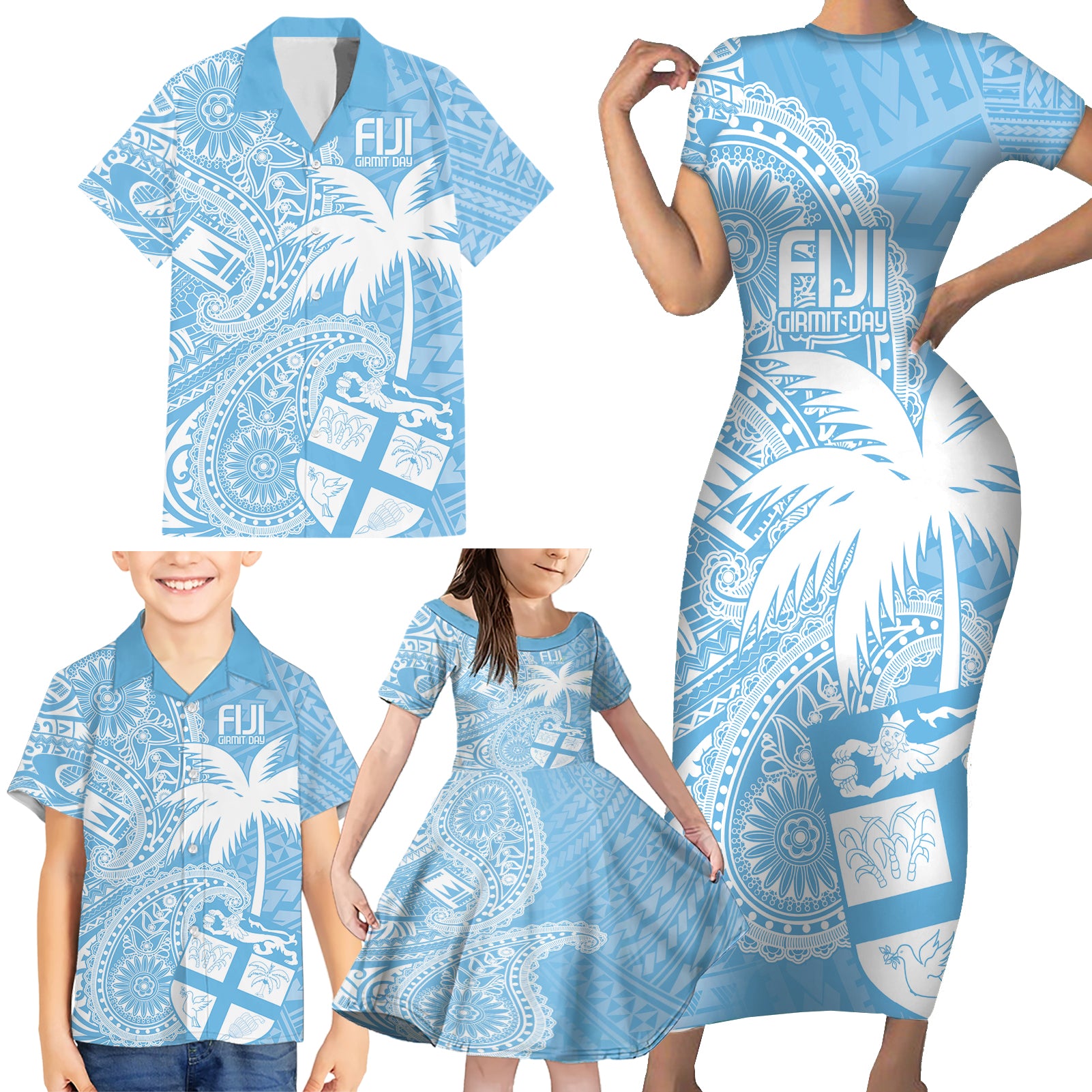 Custom Indo Fijians Family Matching Short Sleeve Bodycon Dress and Hawaiian Shirt Fiji ke Hindustani Polyneisan Paisley Blue Style - Wonder Print Shop