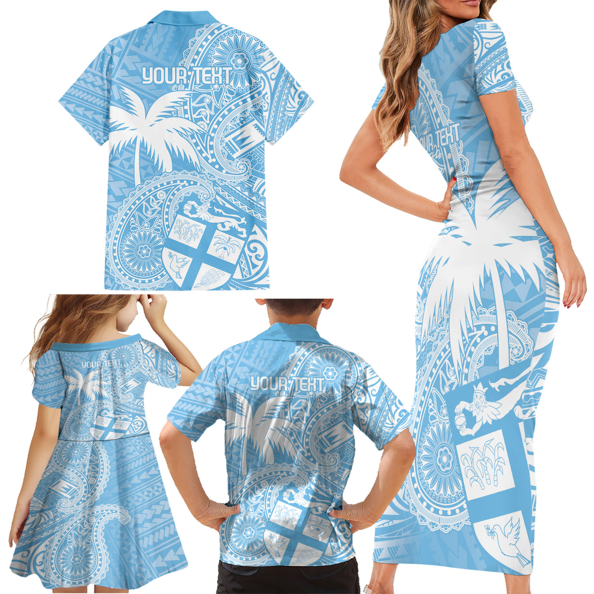 Custom Indo Fijians Family Matching Short Sleeve Bodycon Dress and Hawaiian Shirt Fiji ke Hindustani Polyneisan Paisley Blue Style - Wonder Print Shop
