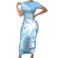 Custom Indo Fijians Family Matching Short Sleeve Bodycon Dress and Hawaiian Shirt Fiji ke Hindustani Polyneisan Paisley Blue Style - Wonder Print Shop