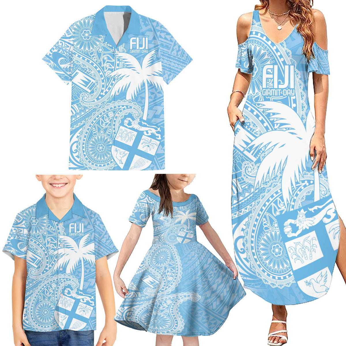 Custom Indo Fijians Family Matching Summer Maxi Dress and Hawaiian Shirt Fiji ke Hindustani Polyneisan Paisley Blue Style - Wonder Print Shop