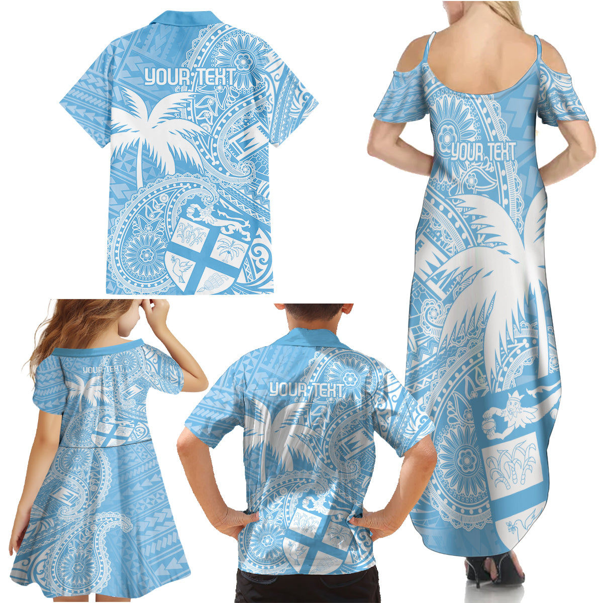 Custom Indo Fijians Family Matching Summer Maxi Dress and Hawaiian Shirt Fiji ke Hindustani Polyneisan Paisley Blue Style - Wonder Print Shop