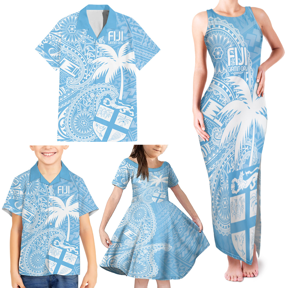 Custom Indo Fijians Family Matching Tank Maxi Dress and Hawaiian Shirt Fiji ke Hindustani Polyneisan Paisley Blue Style - Wonder Print Shop