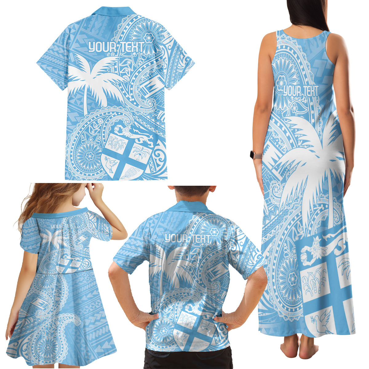Custom Indo Fijians Family Matching Tank Maxi Dress and Hawaiian Shirt Fiji ke Hindustani Polyneisan Paisley Blue Style - Wonder Print Shop