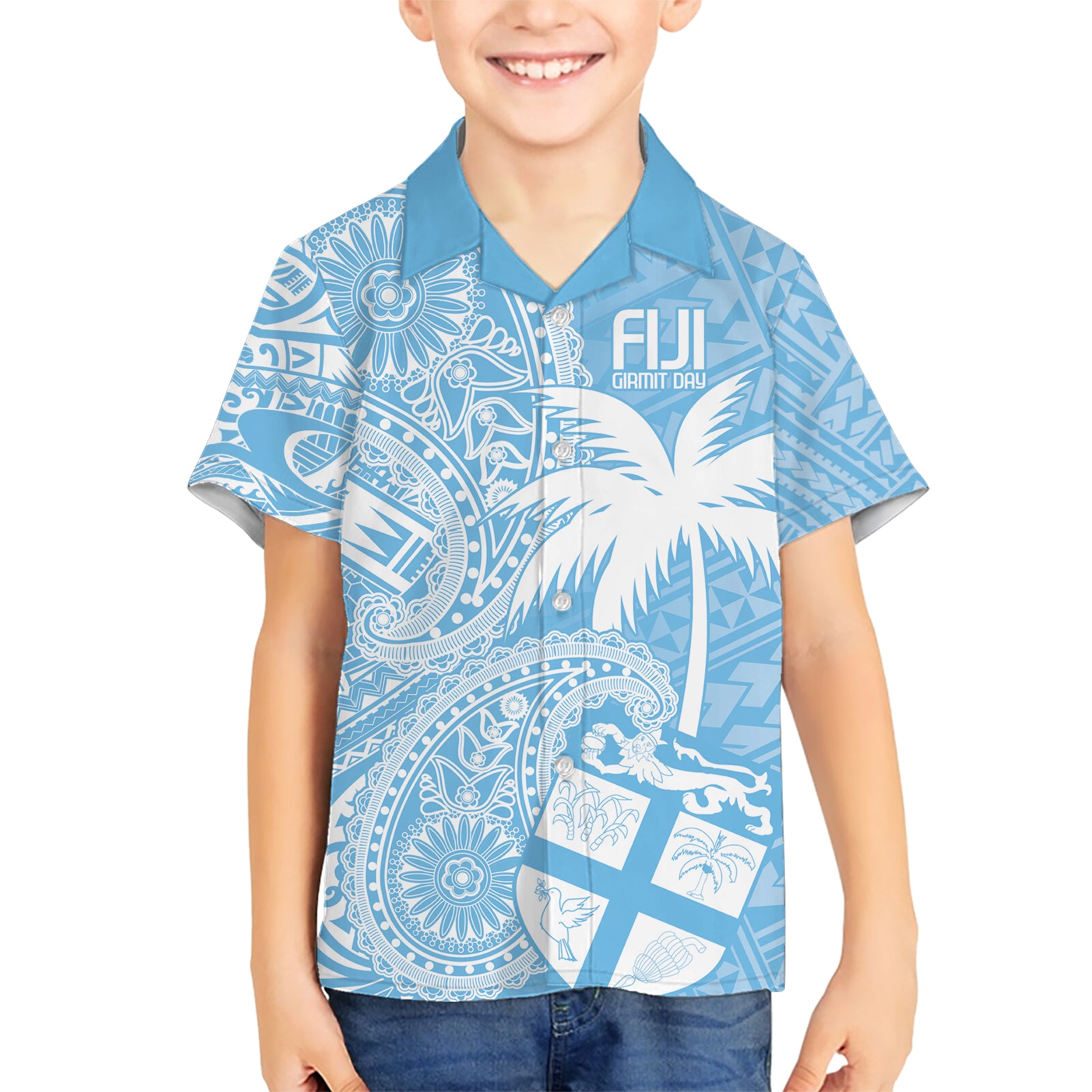 Custom Indo Fijians Kid Hawaiian Shirt Fiji ke Hindustani Polyneisan Paisley Blue Style - Wonder Print Shop