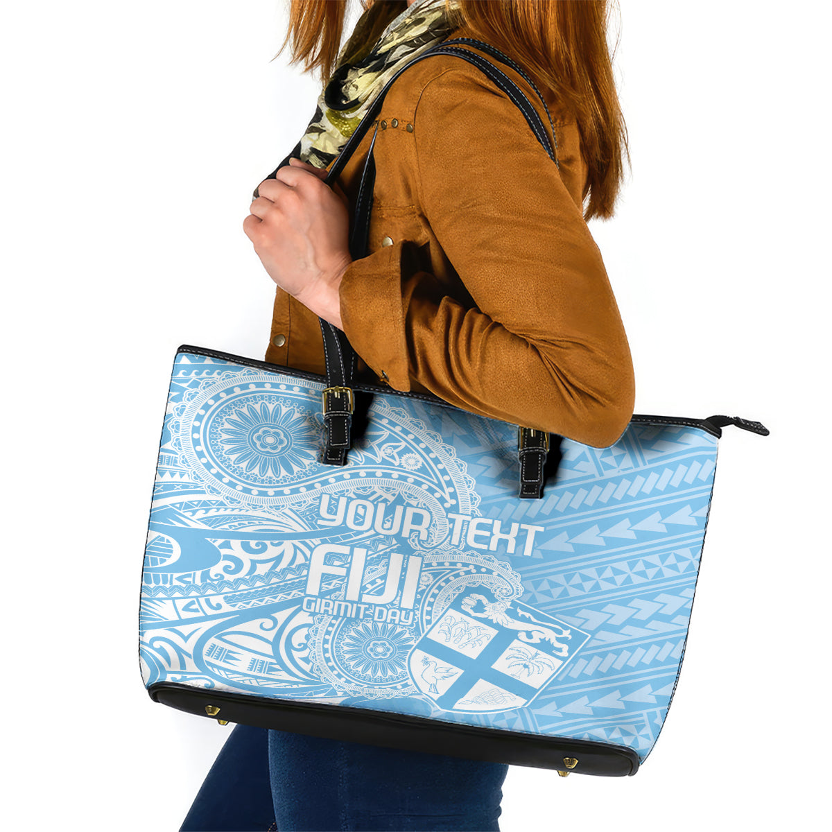 Custom Indo Fijians Leather Tote Bag Fiji ke Hindustani Polyneisan Paisley Blue Style - Wonder Print Shop