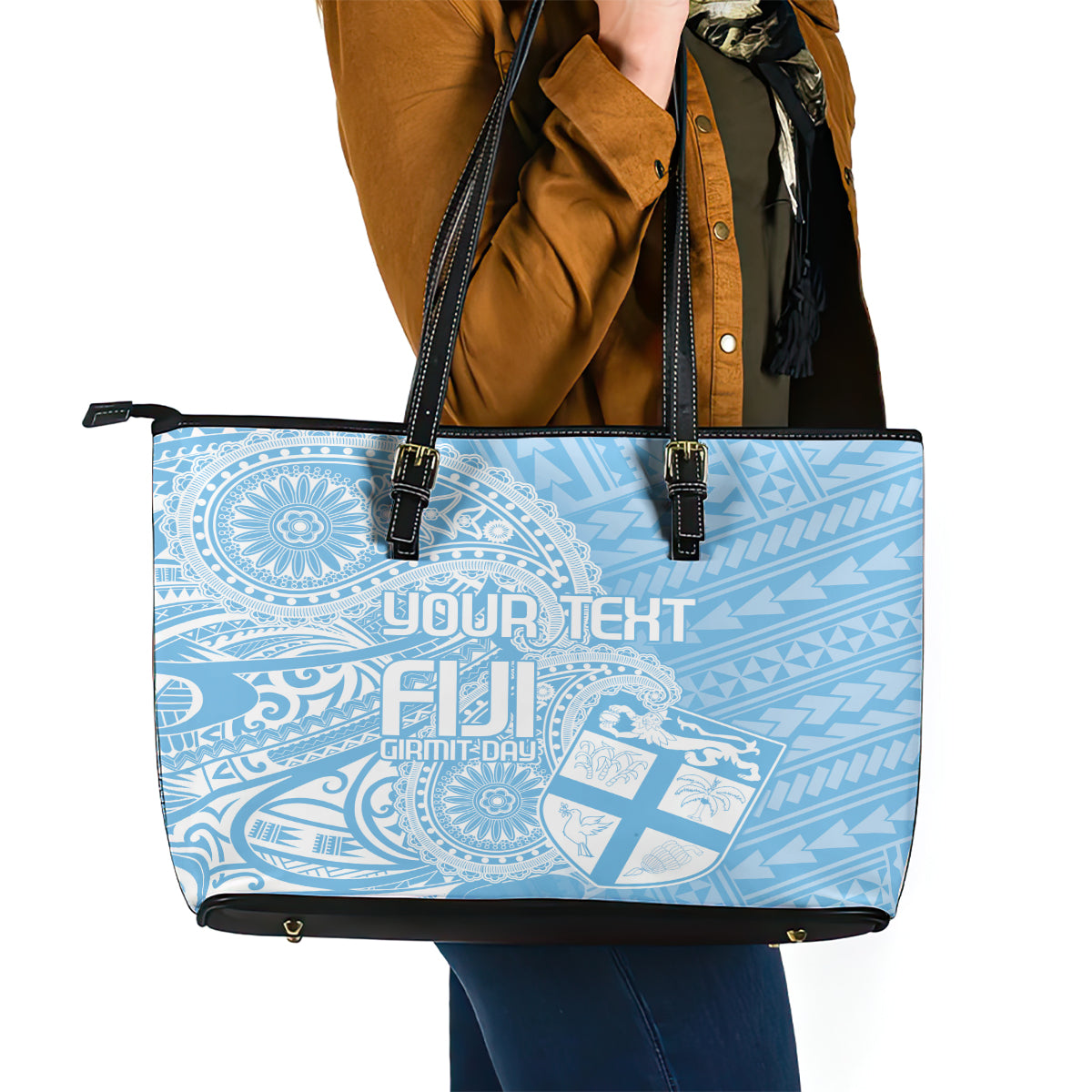 Custom Indo Fijians Leather Tote Bag Fiji ke Hindustani Polyneisan Paisley Blue Style - Wonder Print Shop